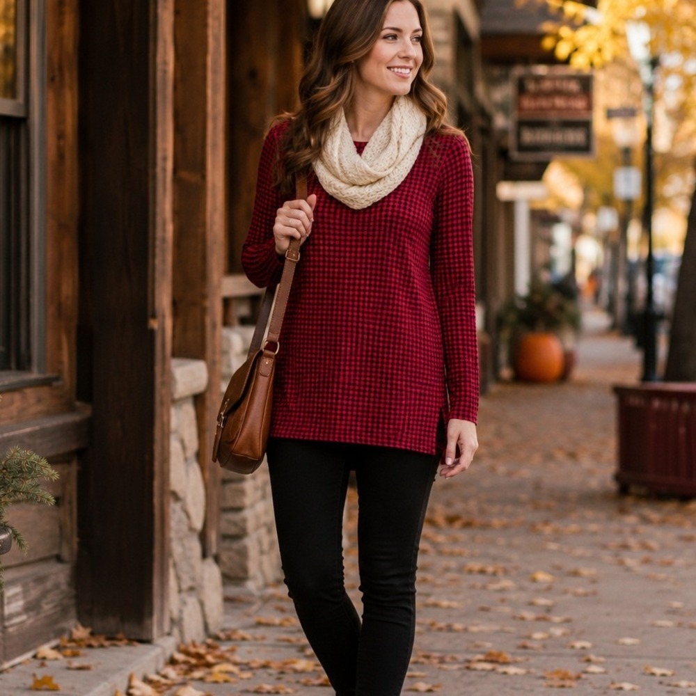 J.Jill Luxe Supima Cotton Buffalo‎ Plaid Tunic Top XS Red Black Long Sleeve
